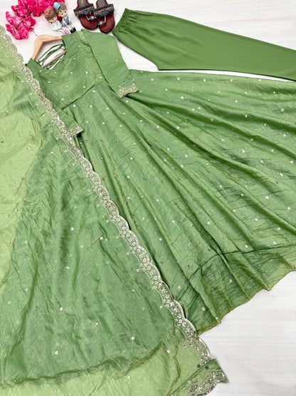 Adorable Sequence Work Green Color Gown