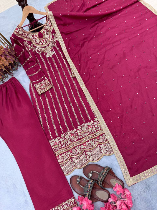 Designer Chinon Silk Pink Color Salwar Suit