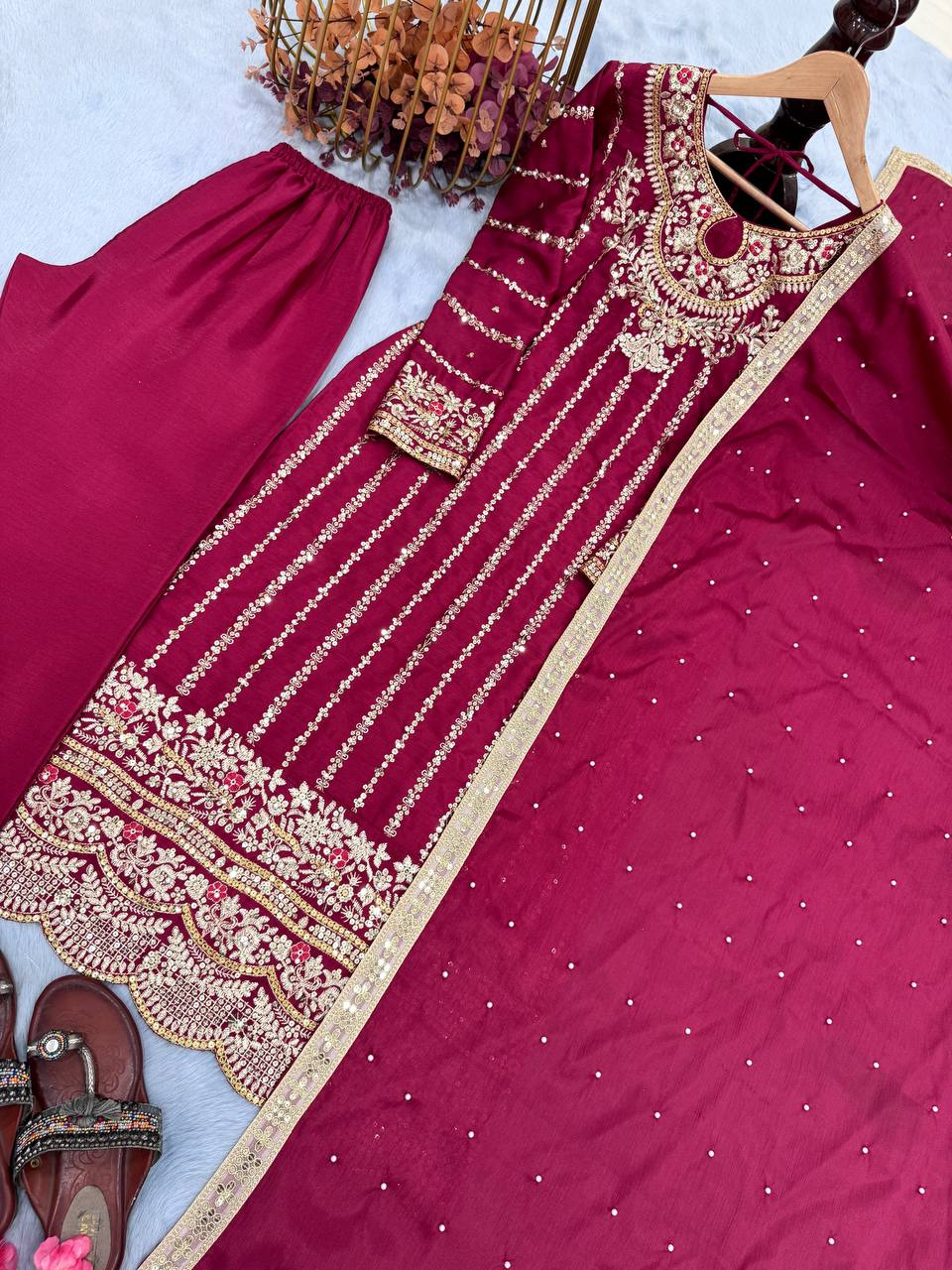 Designer Chinon Silk Pink Color Salwar Suit