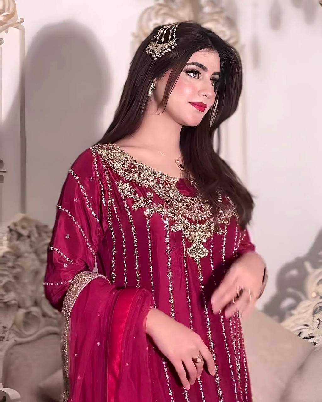 Designer Chinon Silk Pink Color Salwar Suit