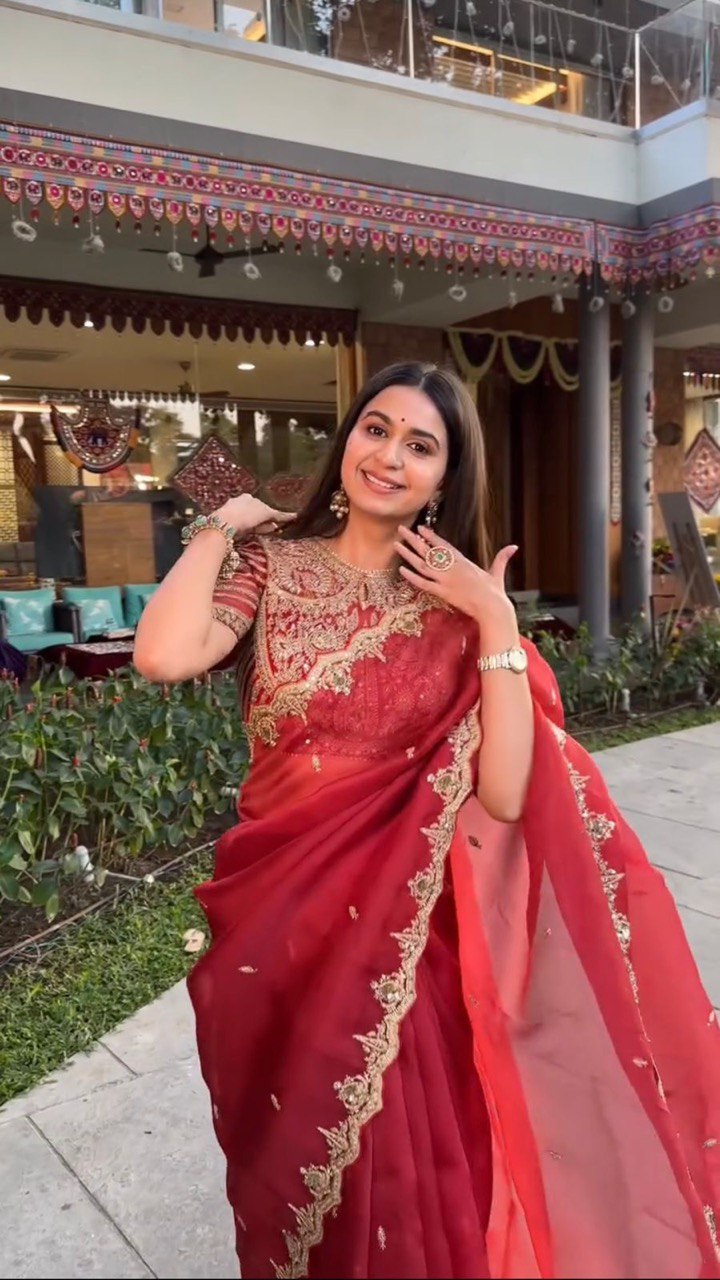 Decent Organza Silk Sequnce Work Red Color Saree