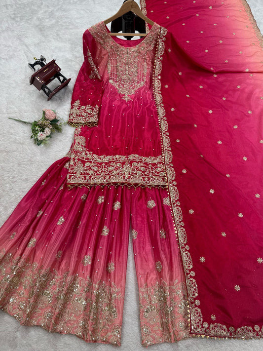Glimmering Chinon Silk Double Shade Pink Color Sharara Suit