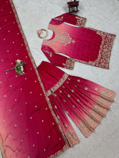 Glimmering Chinon Silk Double Shade Pink Color Sharara Suit