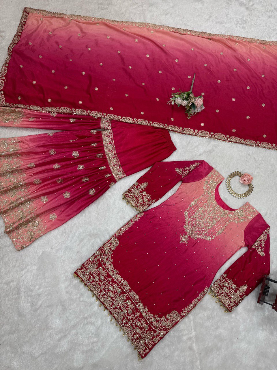 Glimmering Chinon Silk Double Shade Pink Color Sharara Suit