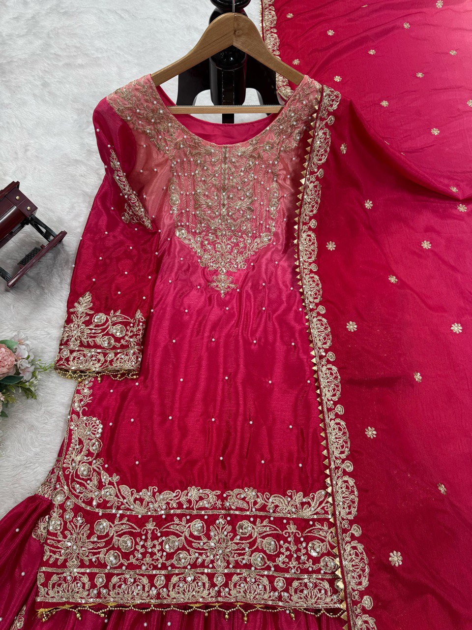 Glimmering Chinon Silk Double Shade Pink Color Sharara Suit