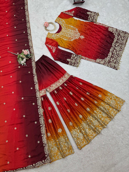 Glimmering Chinon Silk Double Shade Red Multi Color Sharara Suit