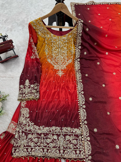 Glimmering Chinon Silk Double Shade Red Multi Color Sharara Suit
