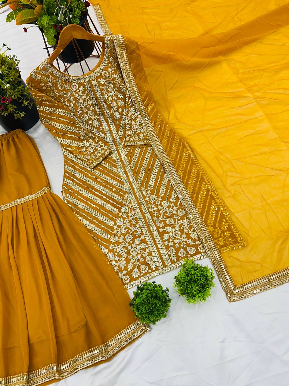 Haldi Wear Georgette Sequence Work Yellow Color Sharara Suit
