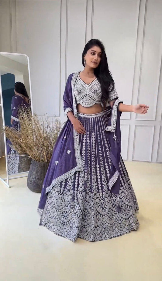 Bridal Gorgette Sequnce Work Purple Color Lehenga Choli