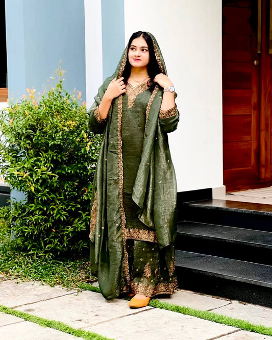Captivating Crunchy Silk Mehndi Color Sharara Suit