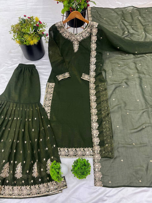 Captivating Crunchy Silk Mehndi Color Sharara Suit