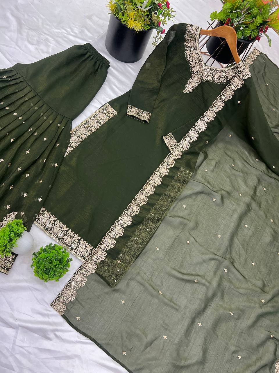 Captivating Crunchy Silk Mehndi Color Sharara Suit