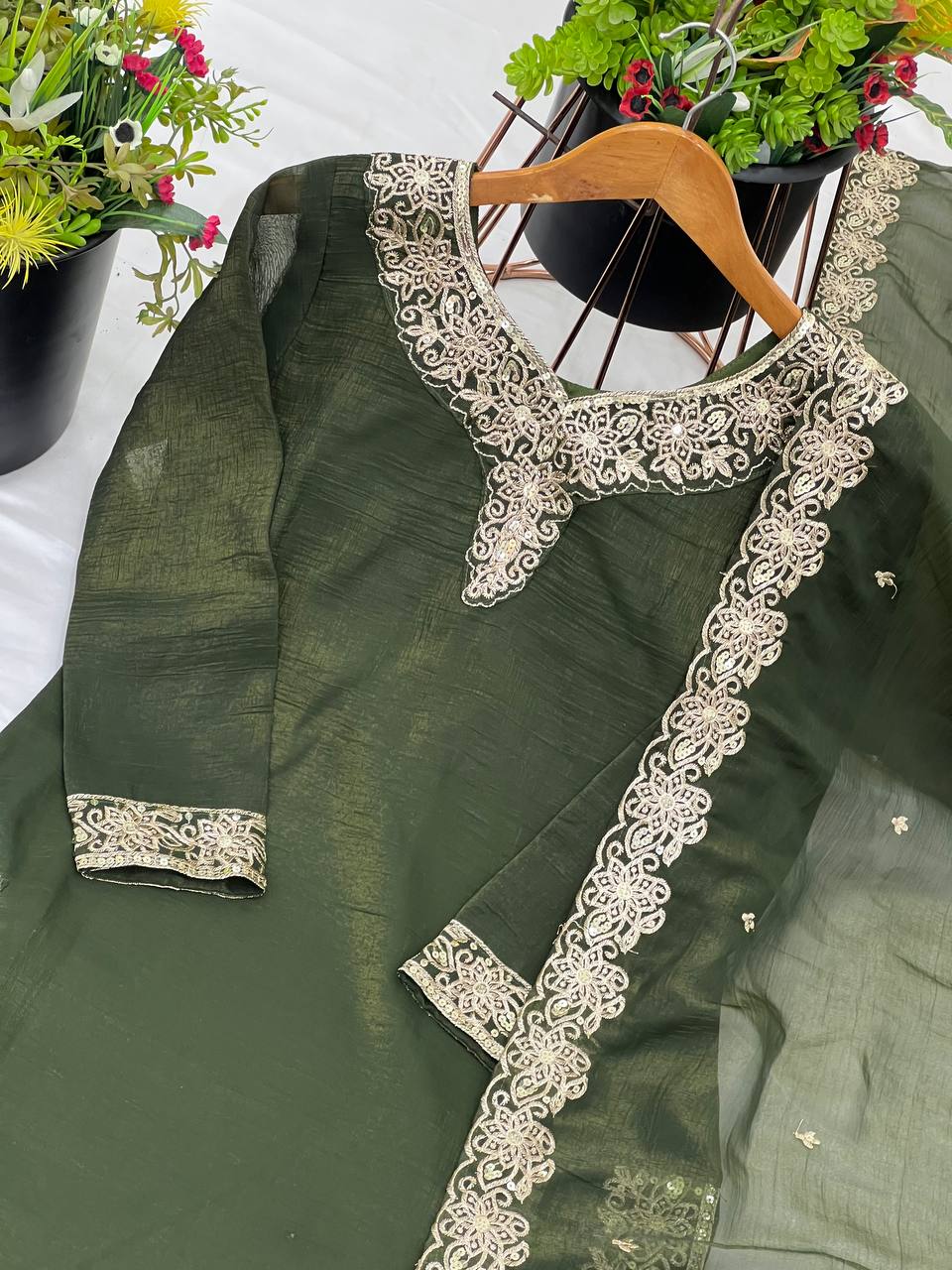 Captivating Crunchy Silk Mehndi Color Sharara Suit
