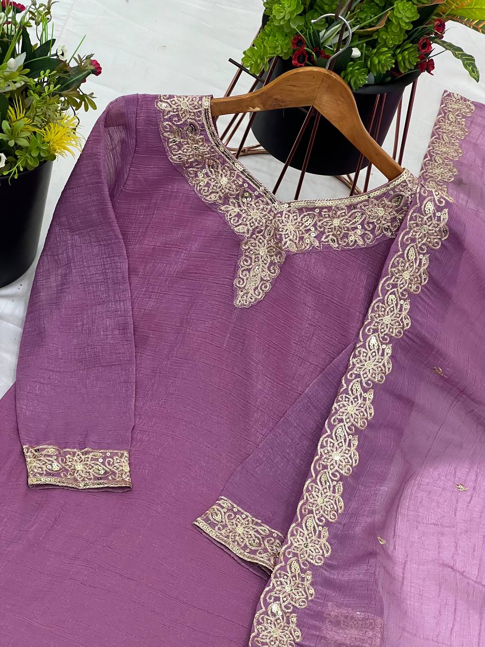 Captivating Crunchy Silk Purple Color Sharara Suit