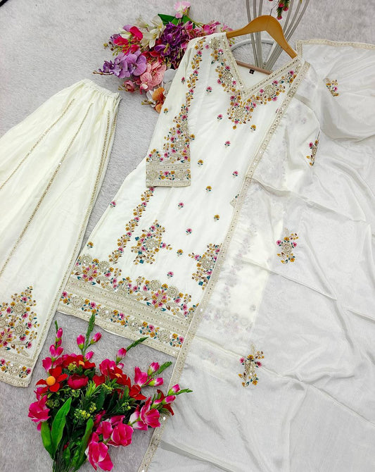 Demanding Embroidery 5mm Work White Color Sharara Suit
