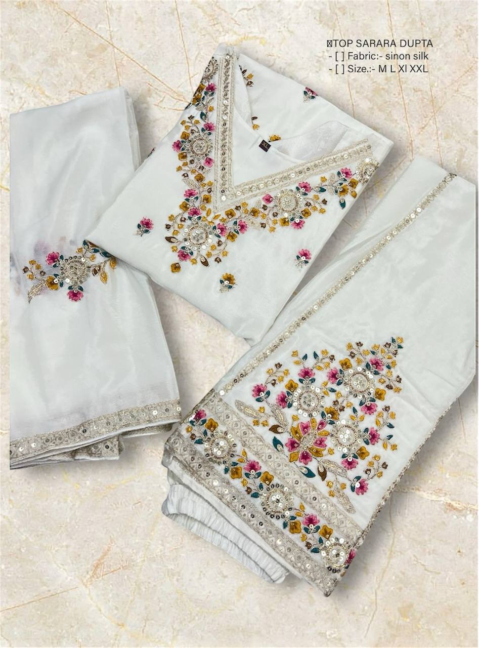 Demanding Embroidery 5mm Work White Color Sharara Suit