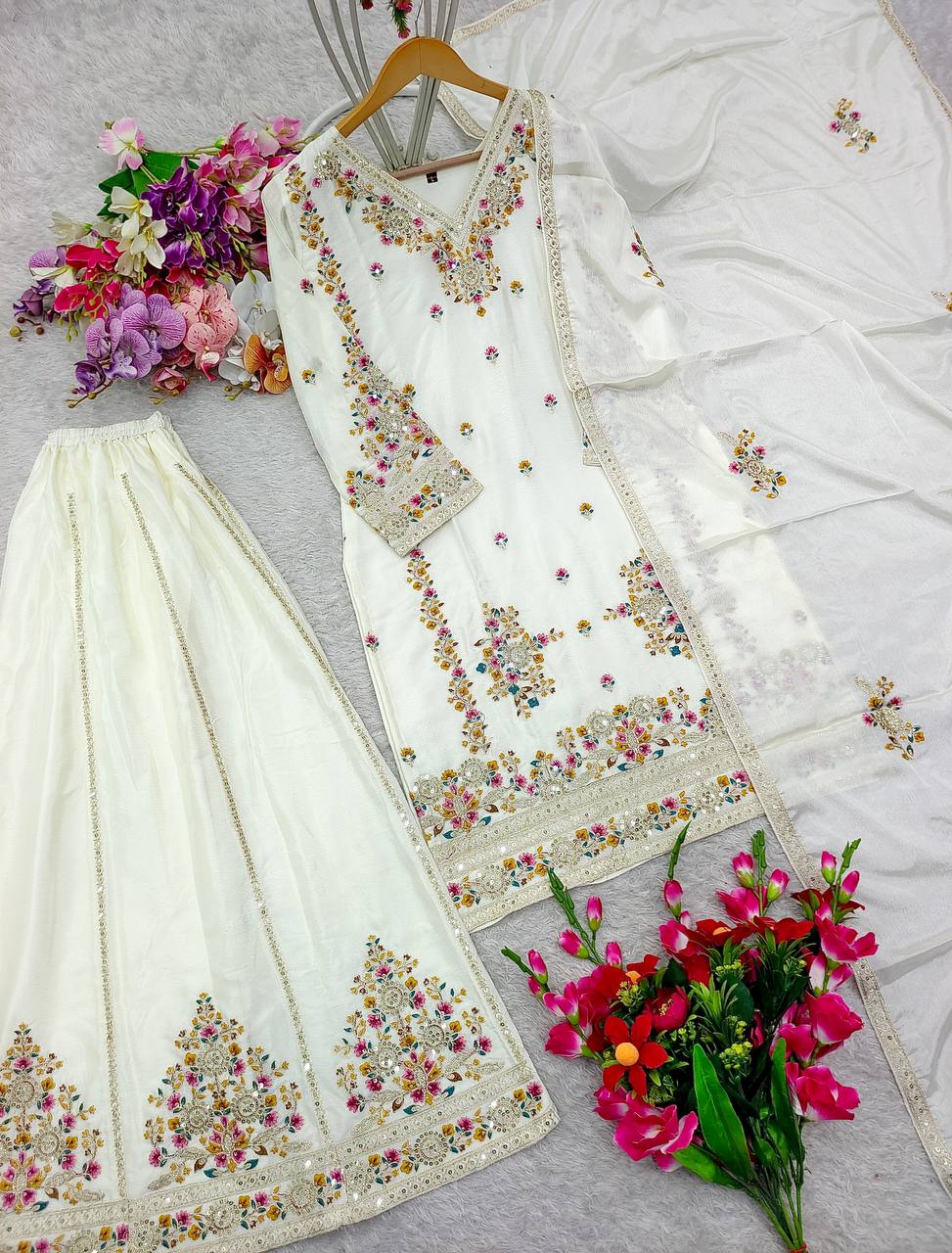 Demanding Embroidery 5mm Work White Color Sharara Suit
