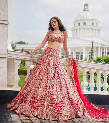 Exotic Malai Satin Jari Work Bridal Red Color Lehenga Choli