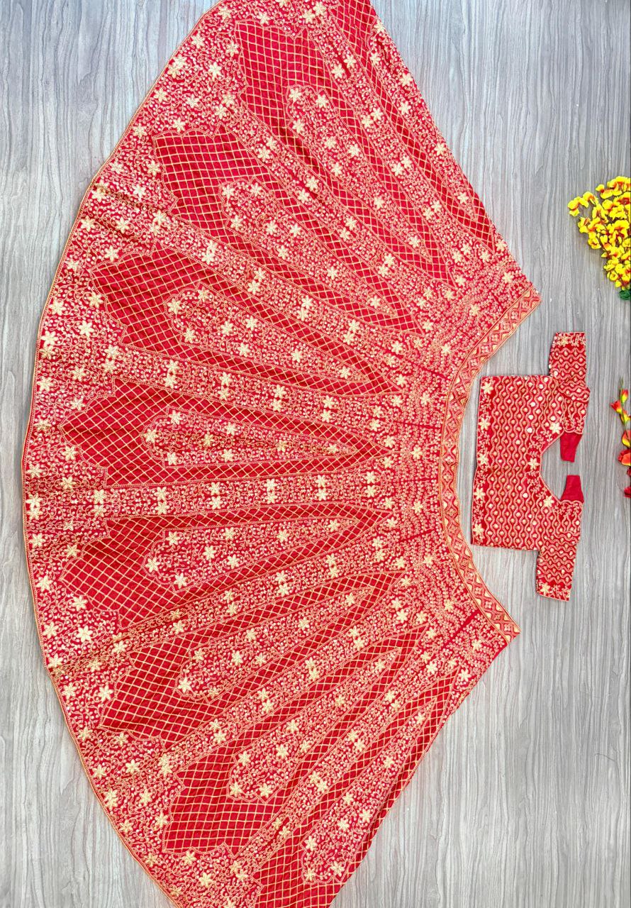 Exotic Malai Satin Jari Work Bridal Red Color Lehenga Choli