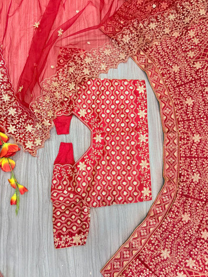 Exotic Malai Satin Jari Work Bridal Red Color Lehenga Choli