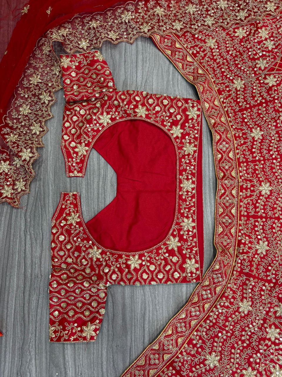 Exotic Malai Satin Jari Work Bridal Red Color Lehenga Choli