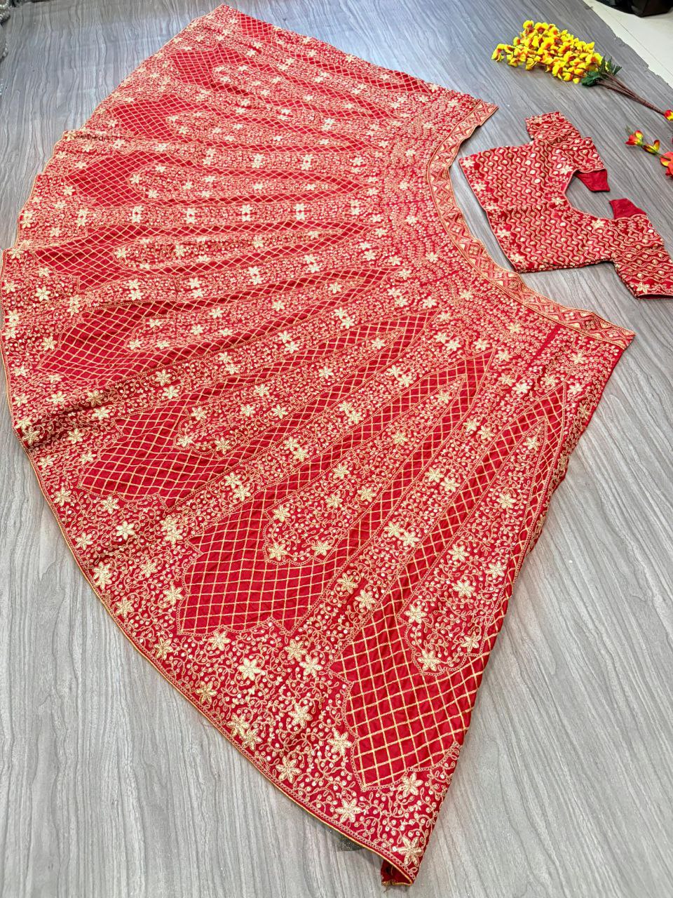 Exotic Malai Satin Jari Work Bridal Red Color Lehenga Choli