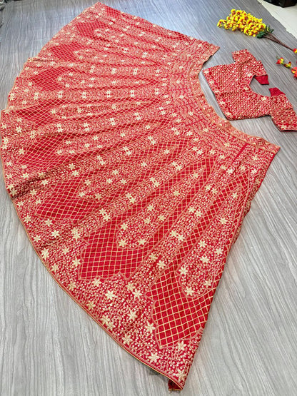 Exotic Malai Satin Jari Work Bridal Red Color Lehenga Choli