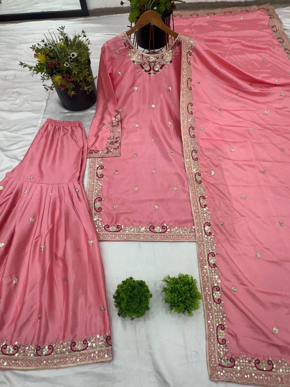 Shining  Heavy Work Pink Color Sharara Suit