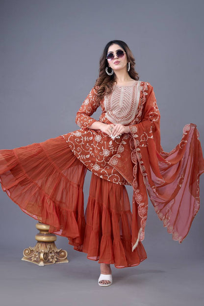 Designer Embroidery Work Orange Color Sharara Suit