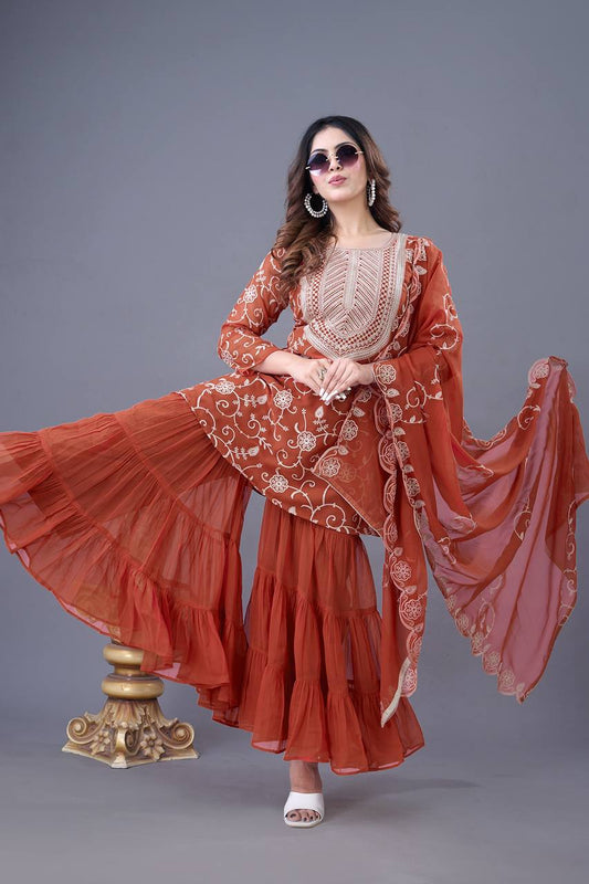 Designer Embroidery Work Orange Color Sharara Suit