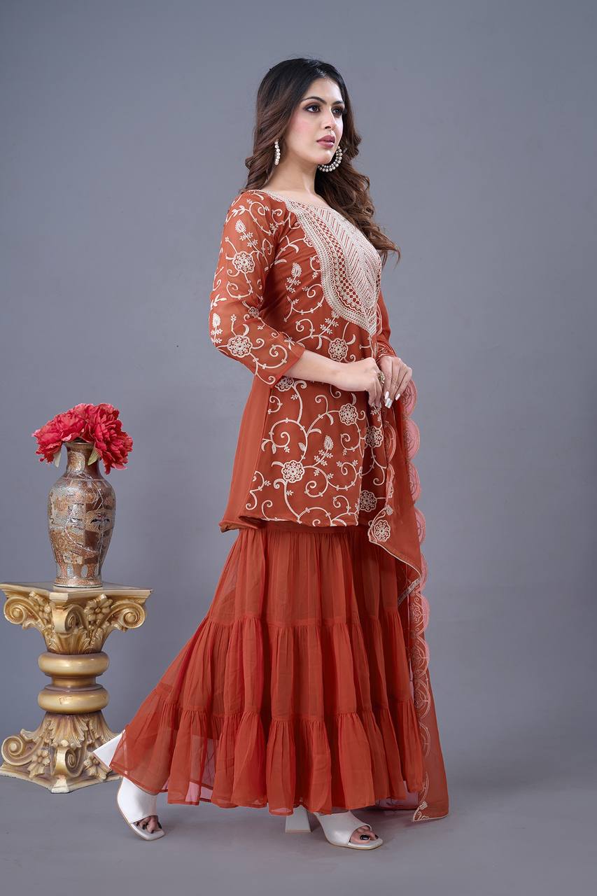 Designer Embroidery Work Orange Color Sharara Suit