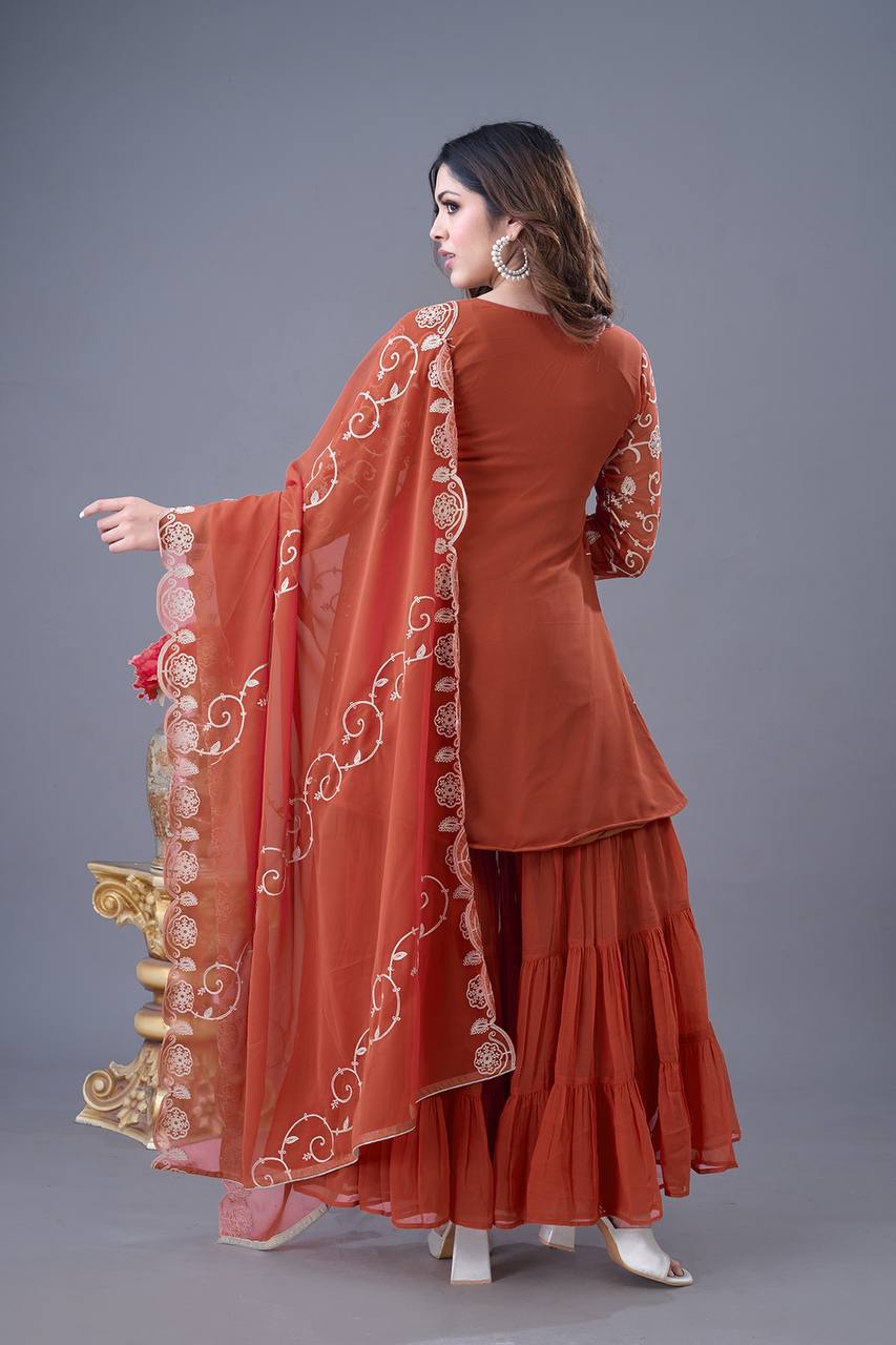Designer Embroidery Work Orange Color Sharara Suit