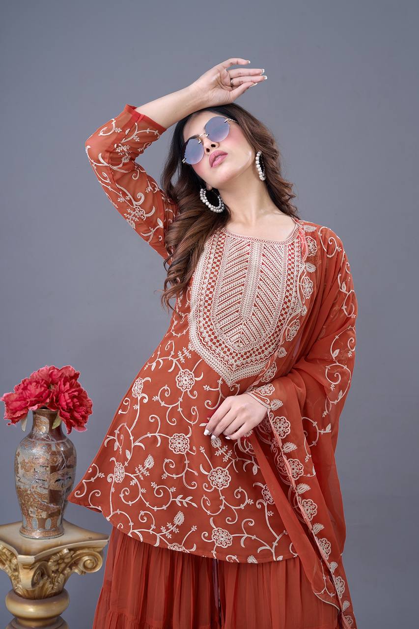 Designer Embroidery Work Orange Color Sharara Suit