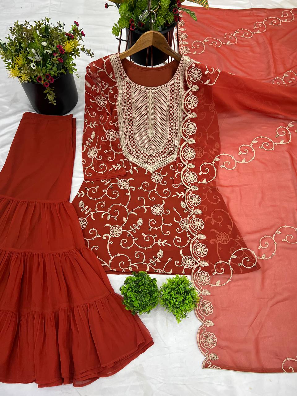 Designer Embroidery Work Orange Color Sharara Suit