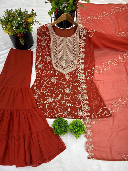Designer Embroidery Work Orange Color Sharara Suit