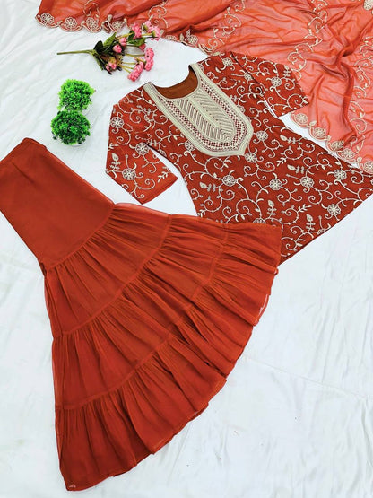 Designer Embroidery Work Orange Color Sharara Suit