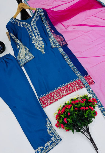 Outstanding Blue Color Sequences Work Plazzo Suit