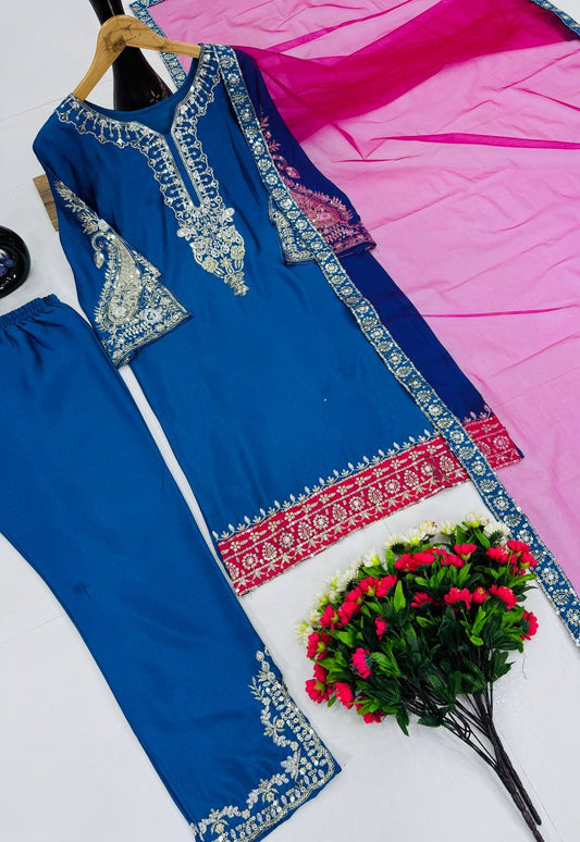 Outstanding Blue Color Sequences Work Plazzo Suit