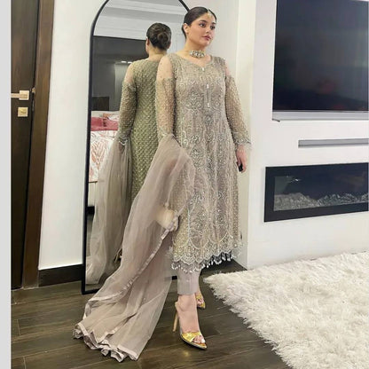 Festive Wear Soft Net Beige Color Salwar Suit