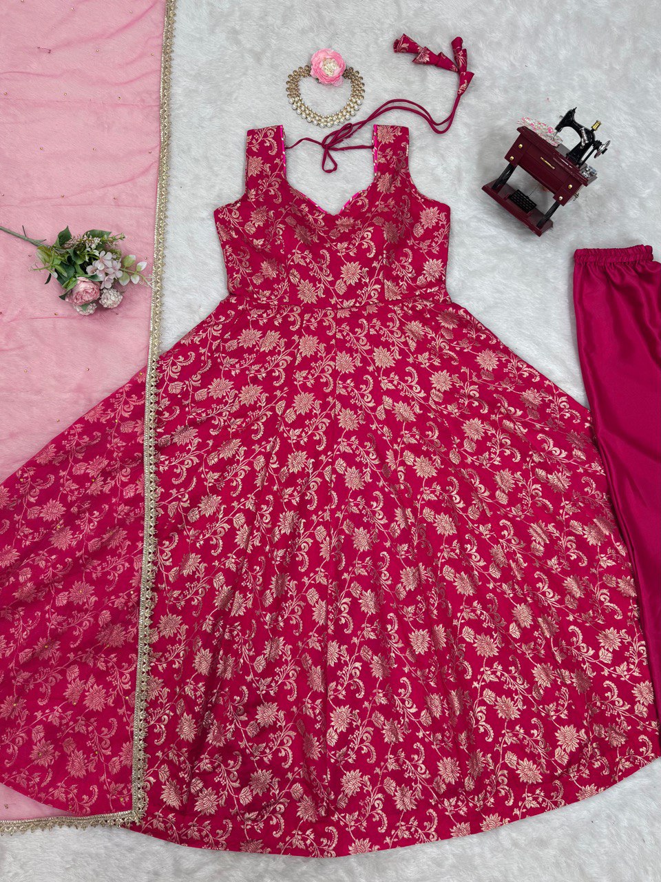 Stunning Jequard Weaveing Pink Color Gown