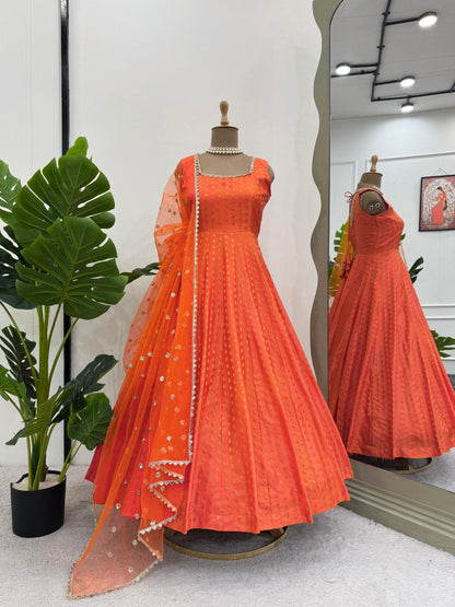Stylish Jequard  Weaveing Orange Color Gown