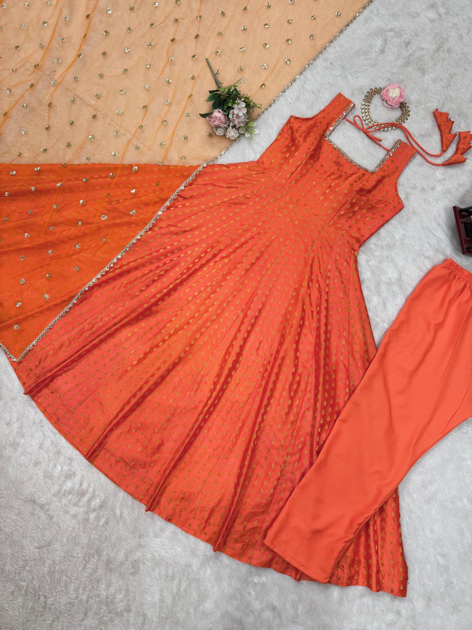 Stylish Jequard  Weaveing Orange Color Gown