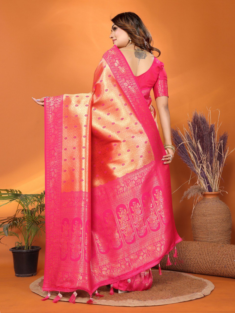 Delightful Tissue Silk Orange & Pink Color Saree