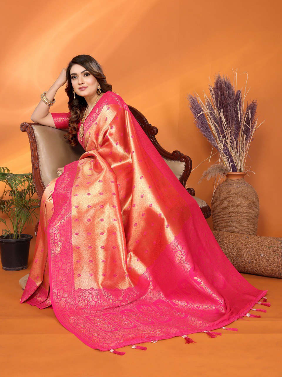 Delightful Tissue Silk Orange & Pink Color Saree