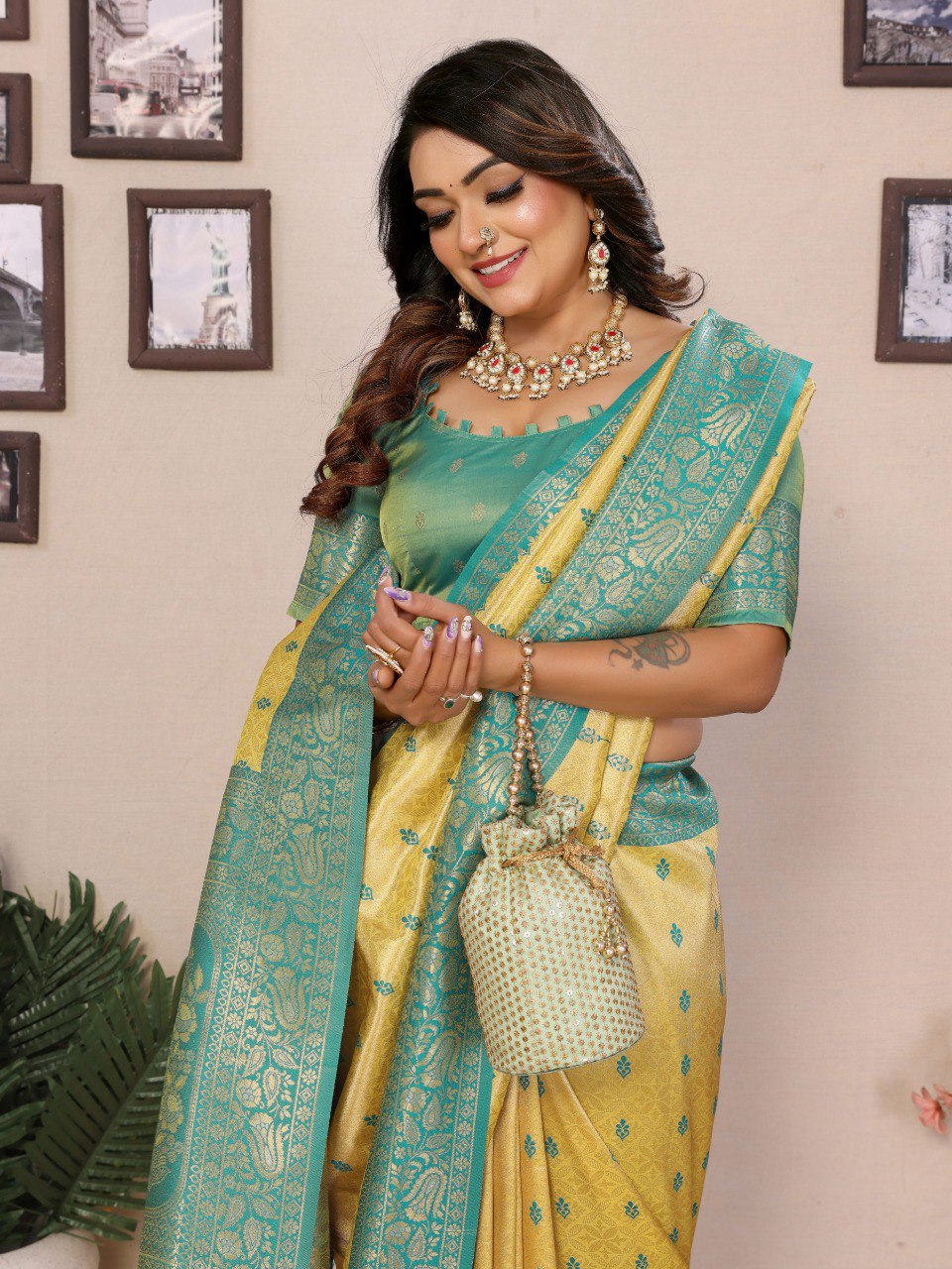 Delightful Tissue Silk Yellow & Sky Color Saree