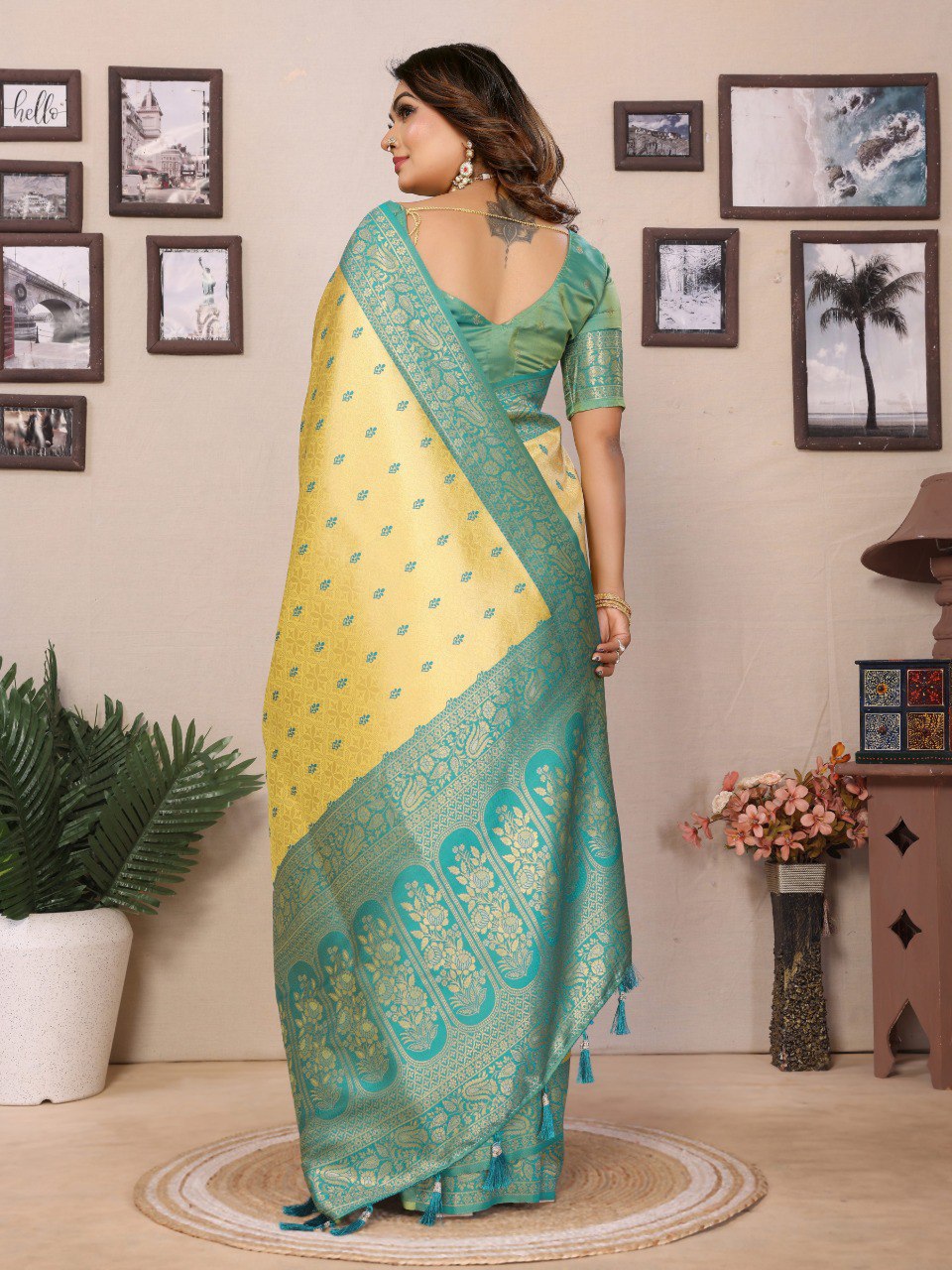 Delightful Tissue Silk Yellow & Sky Color Saree