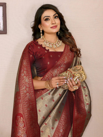 Delightful Tissue Silk Beige & Maroon Color Saree