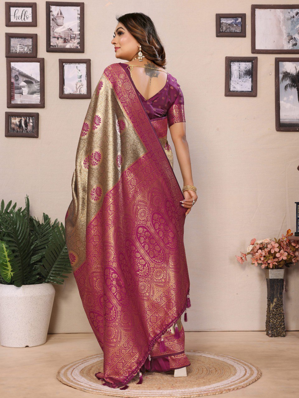 Admiring Tissue Silk Beige & Purple Color Saree