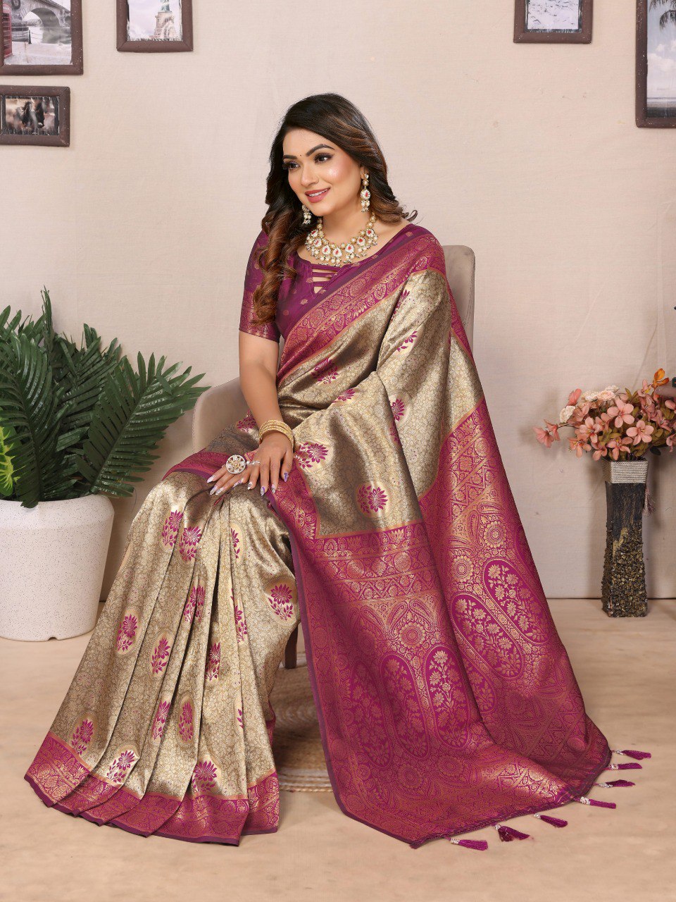 Admiring Tissue Silk Beige & Purple Color Saree