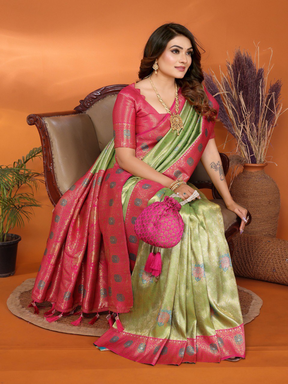 Classic Banarasi Silk Perrot & Pink Color Saree